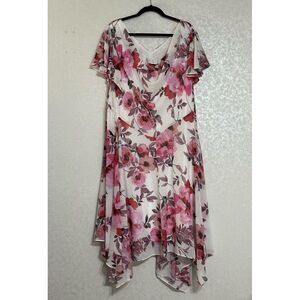 Signature‎ Robbie Bee Pink Floral Lined Dress Handkerchief Hem Draped Neck 20W